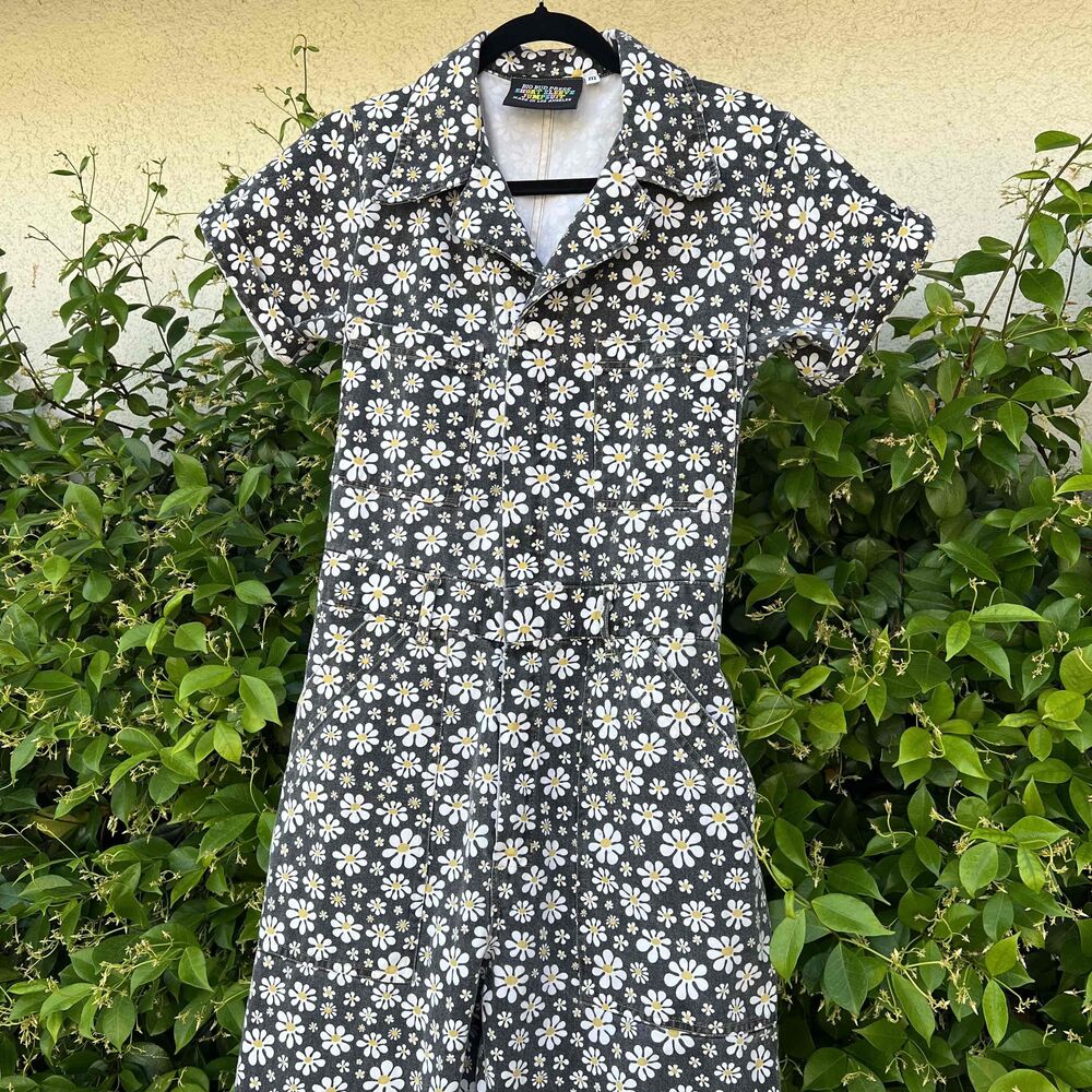 Big Bud Press Short Sleeve Jumpsuit Floral Black Daisy Womens Size Medium